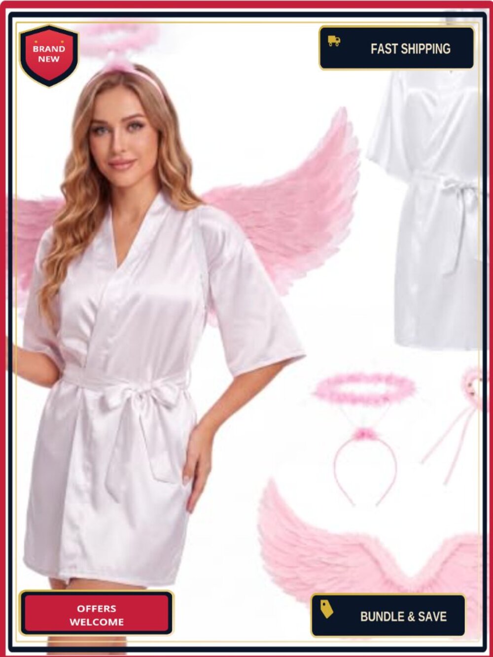 Satin Angel Pajama Set with Wings Wand Hairband Halloween Costume